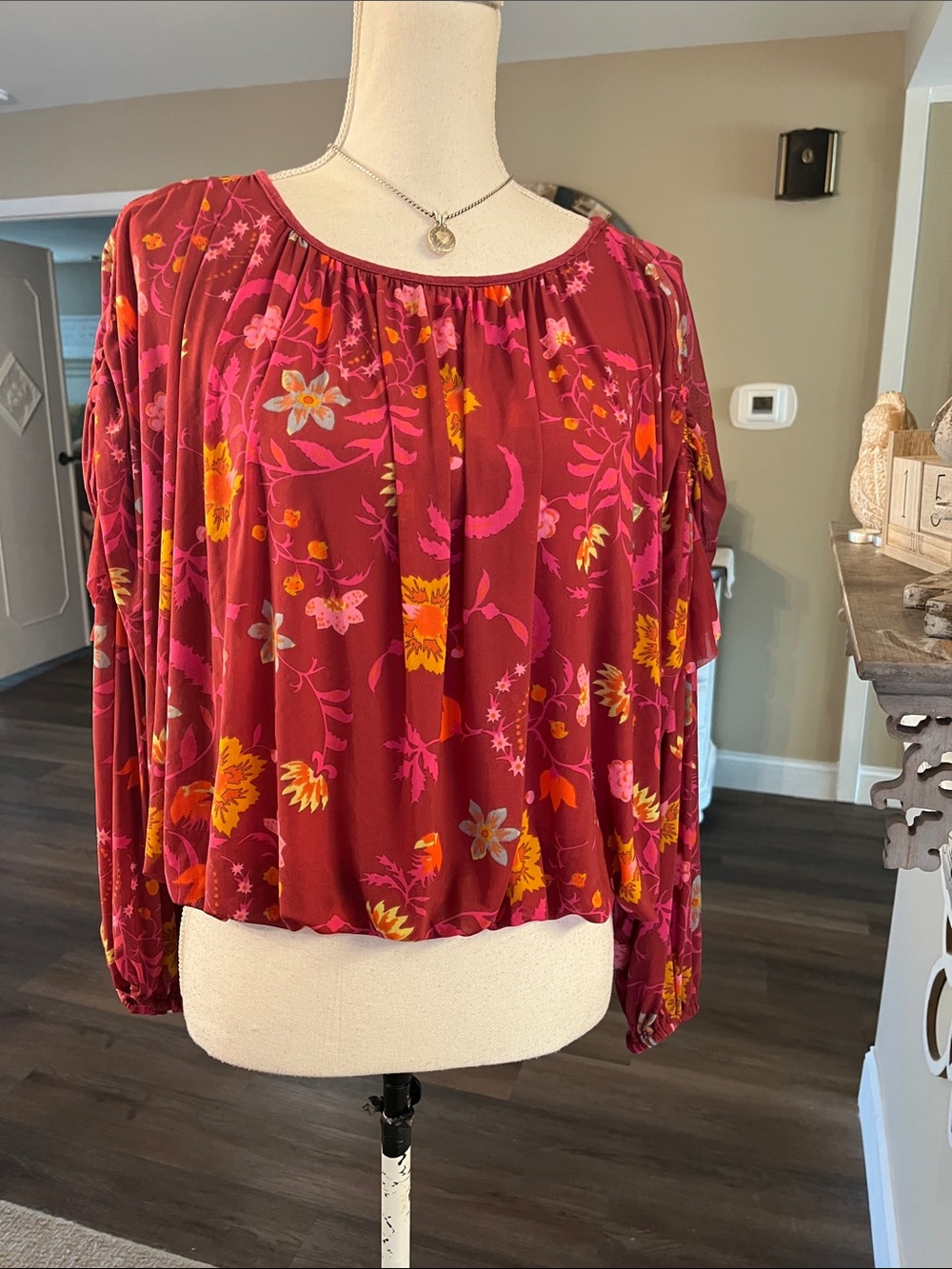 Free People Burgundy Floral Peasant Blouse with Pink and Yellow Accents
